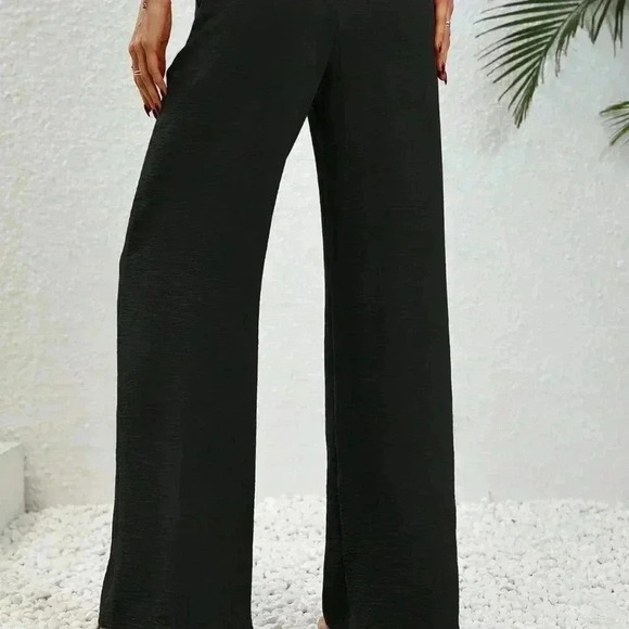 Black Casual Women's Drawstring Waist Wide Leg Pants - Picture 3 of 6